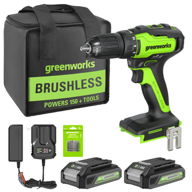 24V Brushless Drill Kit w/ (2) 2Ah Batteries and Charger, 8-piece Bit Set and Tool Bag Included