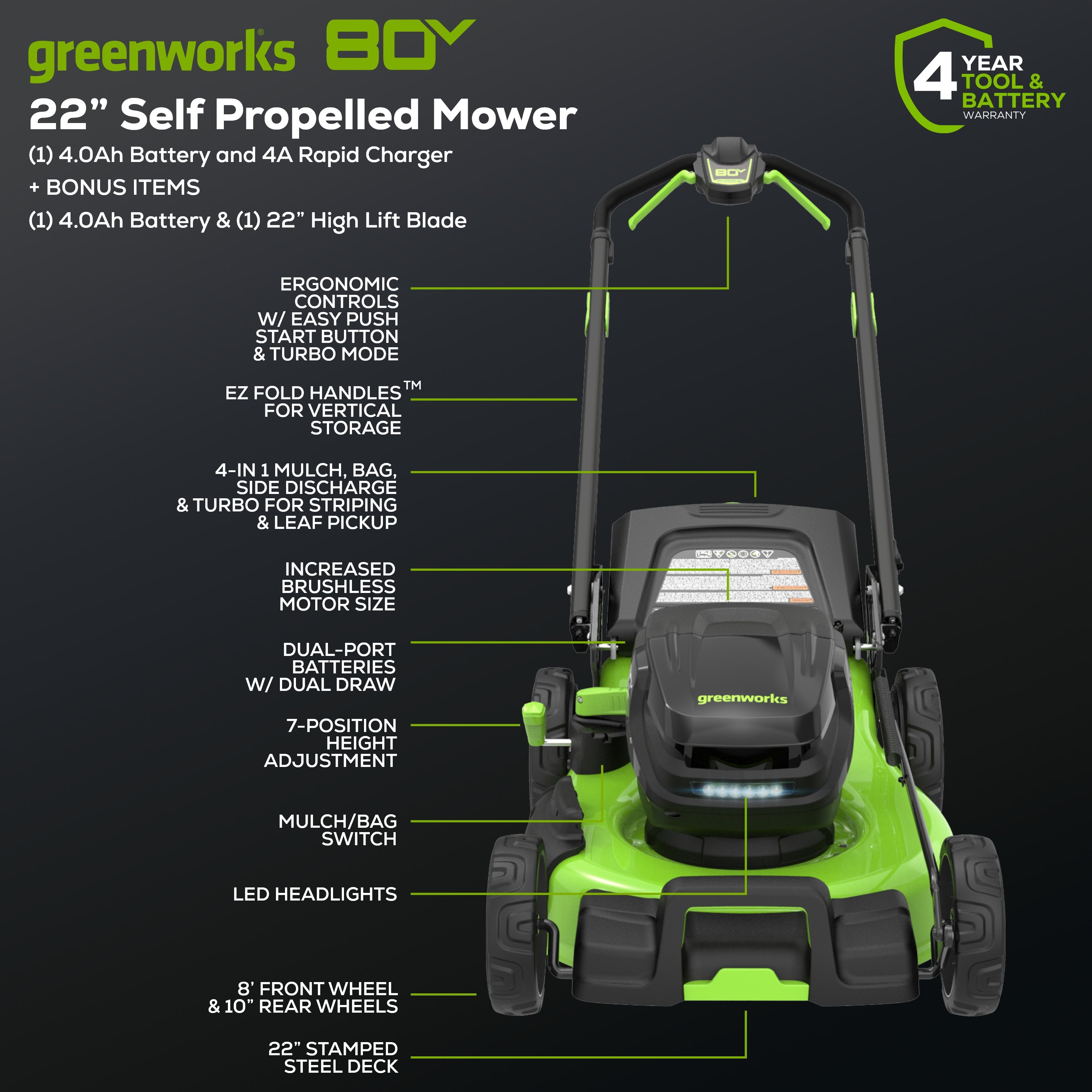 80V 22" Cordless Battery Dual Blade Self-Propelled Lawn Mower w/ (2) 4.0Ah Batteries & Rapid Charger