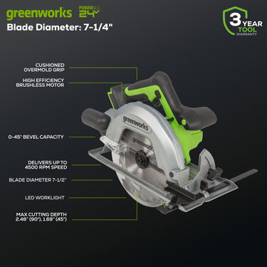 24V 7-1/4" Cordless Battery Circular Saw (Tool Only)