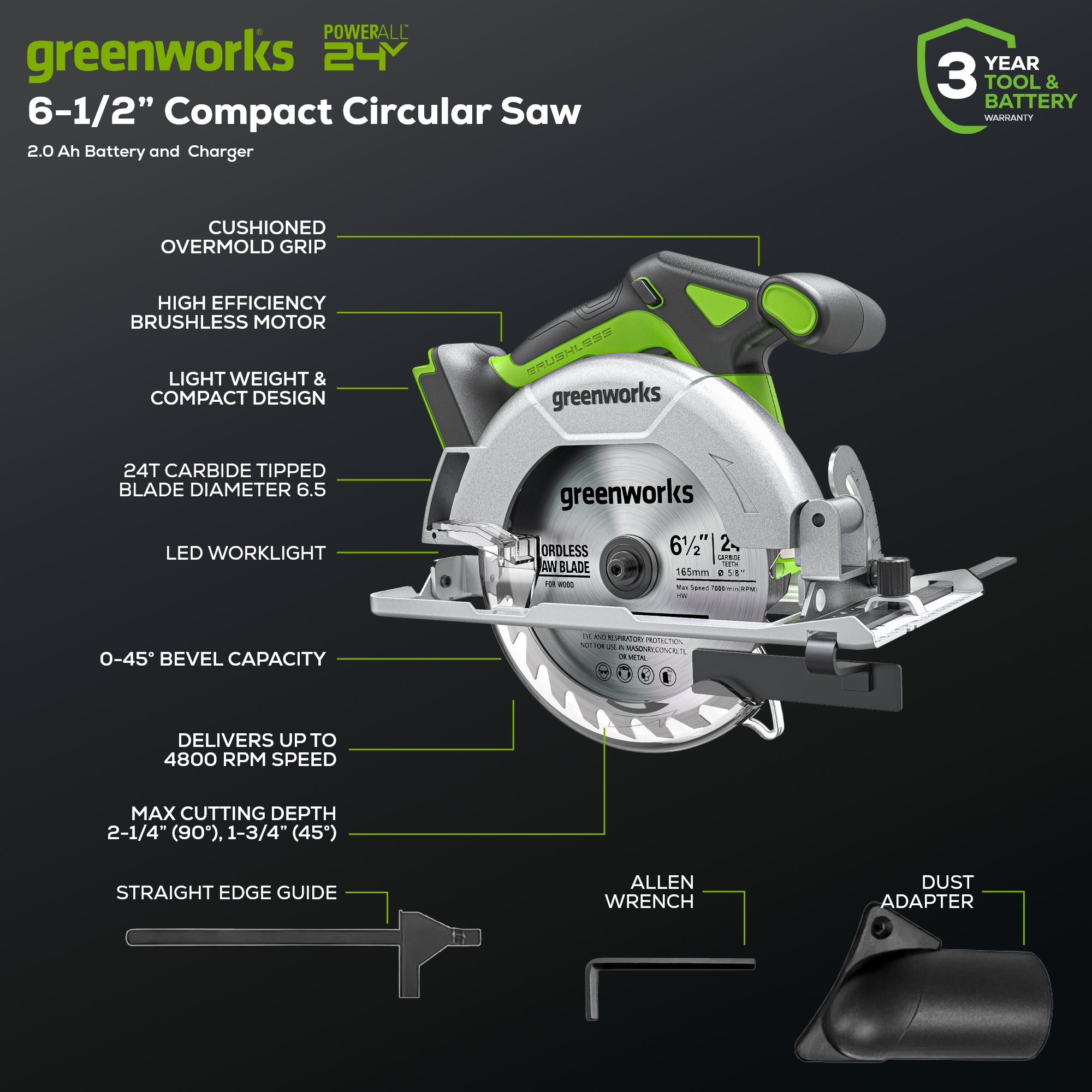 24V Cordless Battery 6.5'' Circular Saw w/ 2.0Ah Battery & Charger