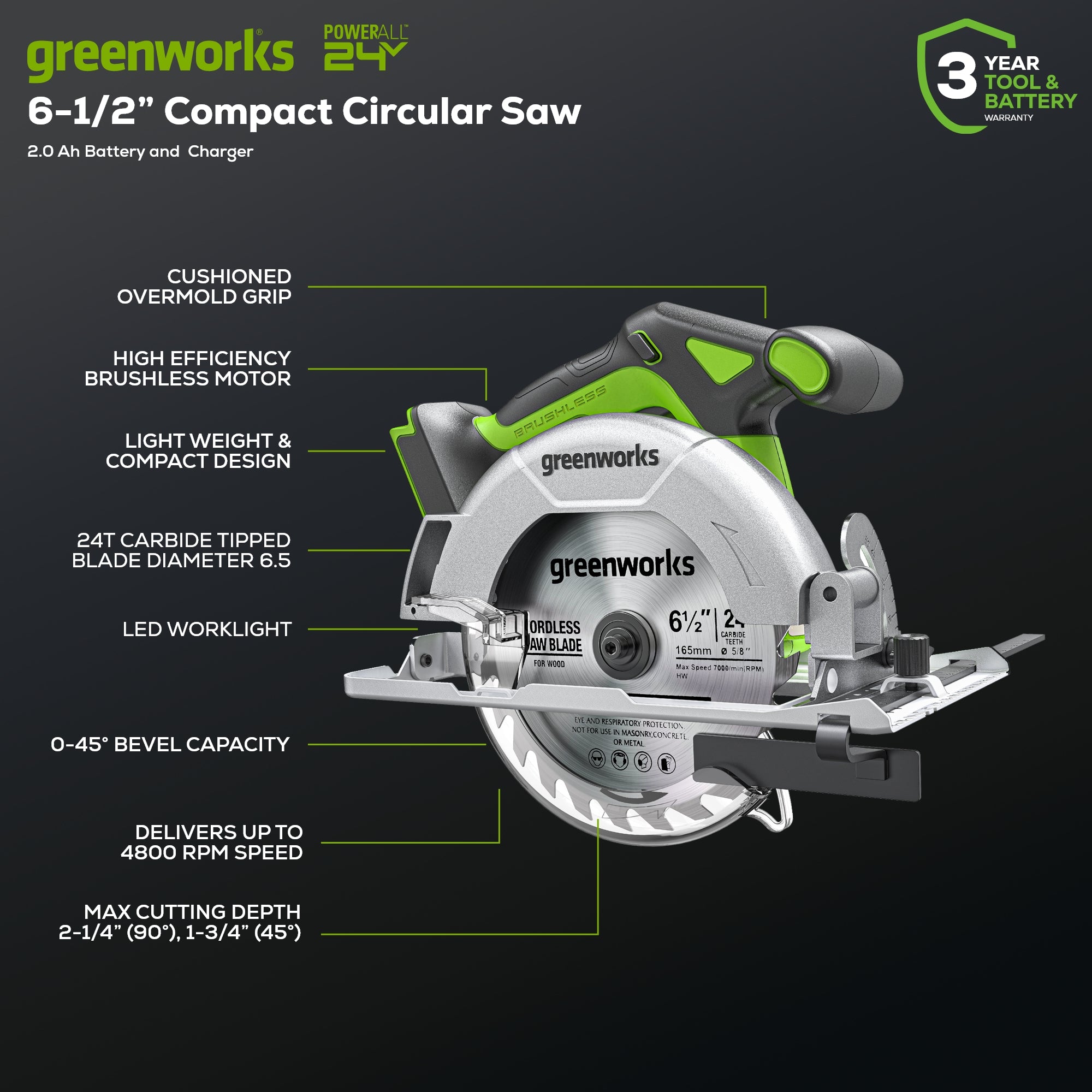 24V 6.5'' Cordless Battery Brushless Circular Saw (Tool Only)