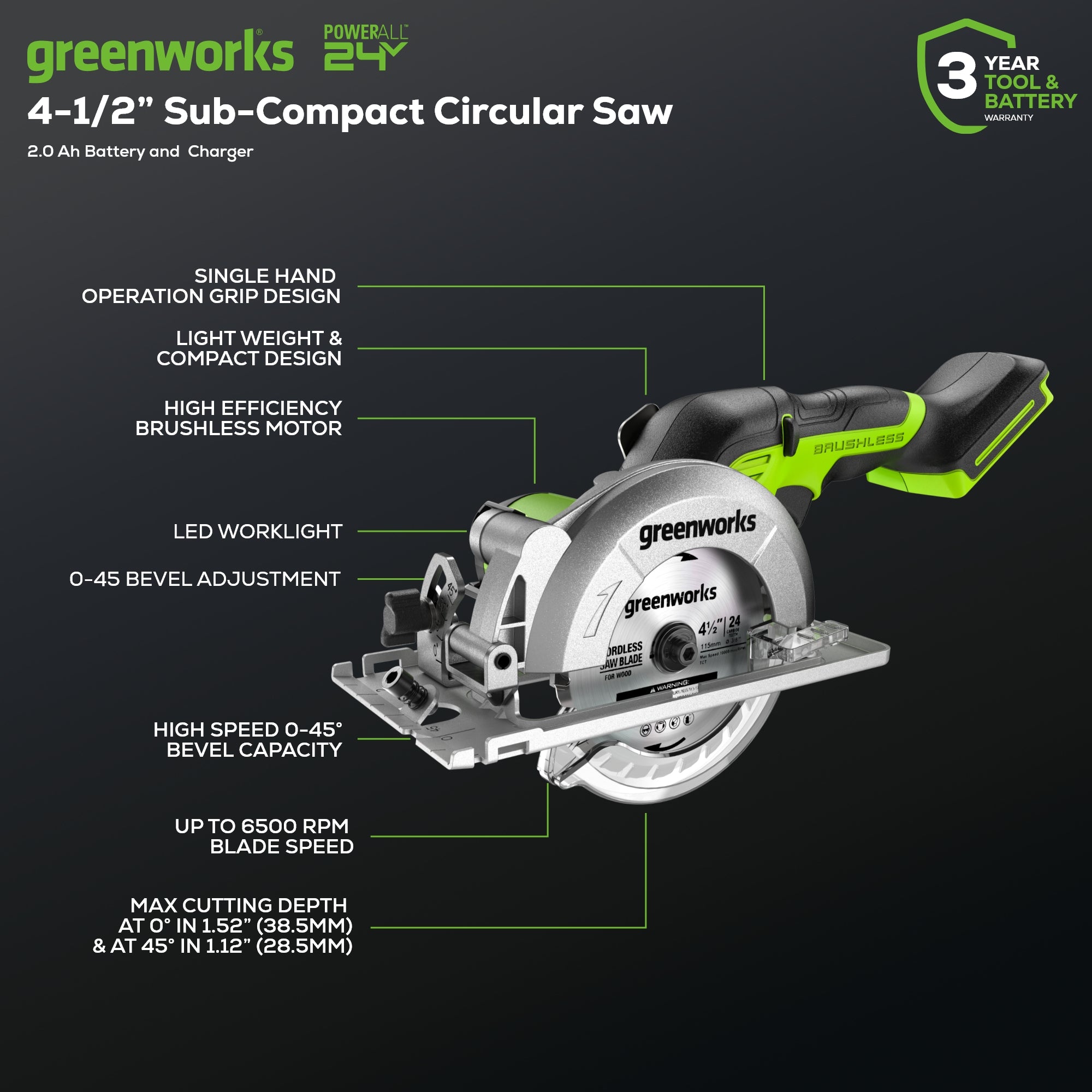 24V 4.5" Cordless Battery Mini Circular Saw (Tool Only)