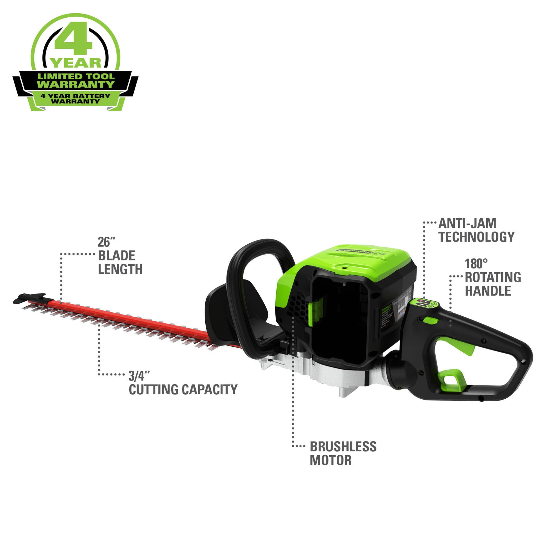 80V 26" Cordless Brushless Hedge Trimmer (3/4" cut, 3400 SPM), Tool Only