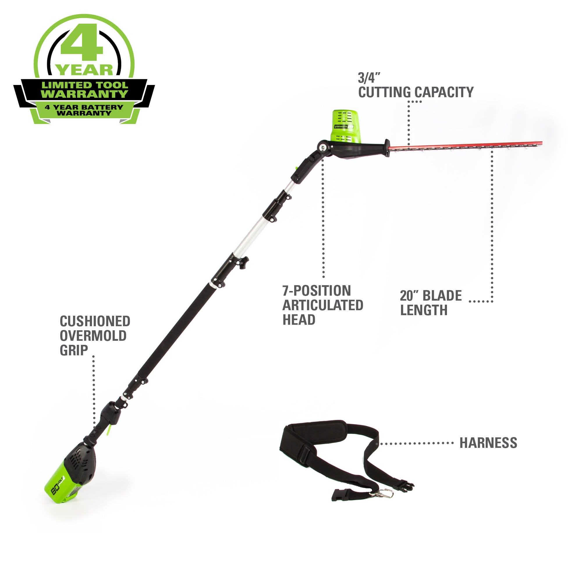 80V 20" Cordless Pole Hedge Trimmer (3/4“cut, 3000SPM), Tool Only