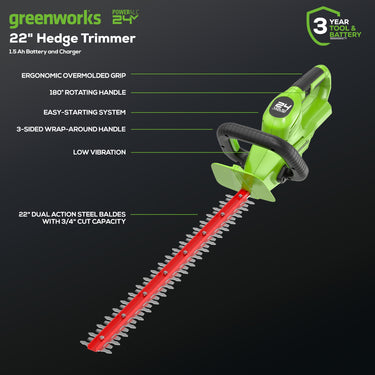 24V 22" Cordless Battery Hedge Trimmer 3000 SPM w/ 1.5 Ah USB Battery & Charger