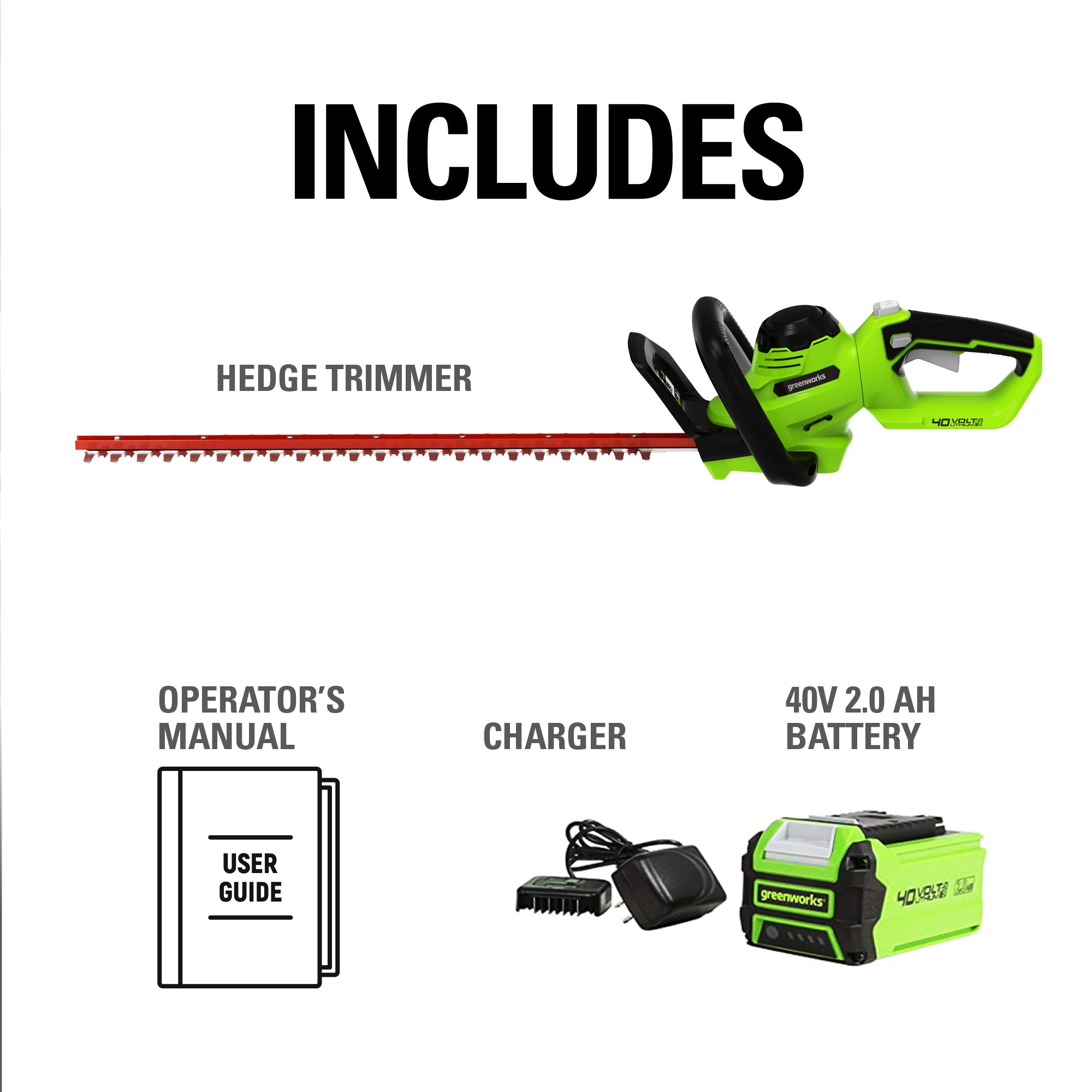 40V 24" Cordless Battery Hedge Trimmer w/ 2.0 Ah USB Battery & Charger