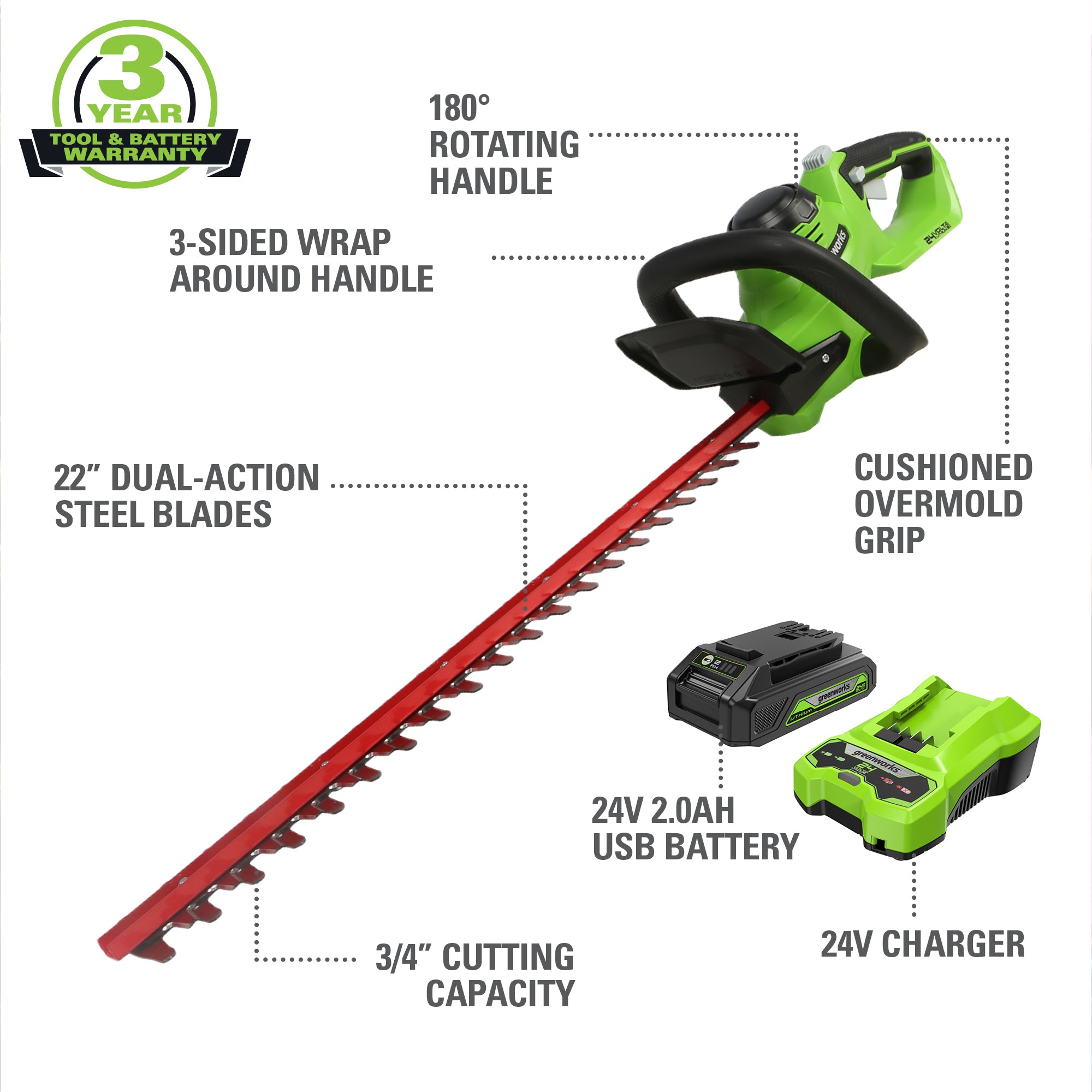 24V 22" Cordless Battery Hedge Trimmer 2816 SPM w/ 4.0Ah USB Battery & Charger