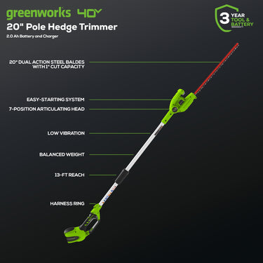 40V 20" Cordless Battery Pole Hedge Trimmer w/ 2.0 Ah Battery & Charger