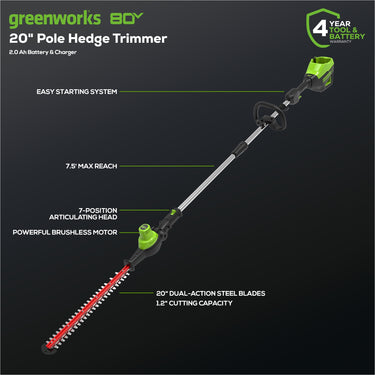 80V 20" Cordless Battery Pole Hedge Trimmer (1.2" cut, 3200 SPM) w/ 2.0Ah Battery & Charger