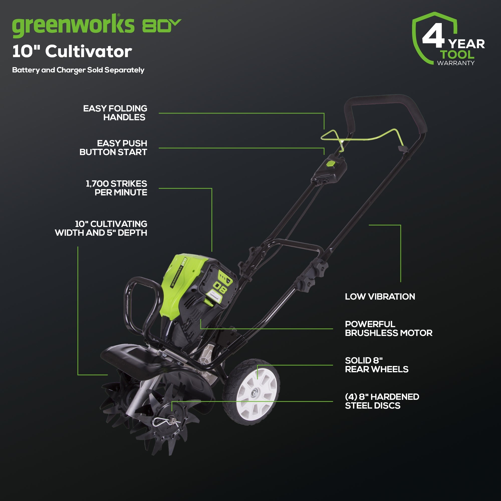 80V 10" Cordless Battery Cultivator / Tiller (Tool Only)