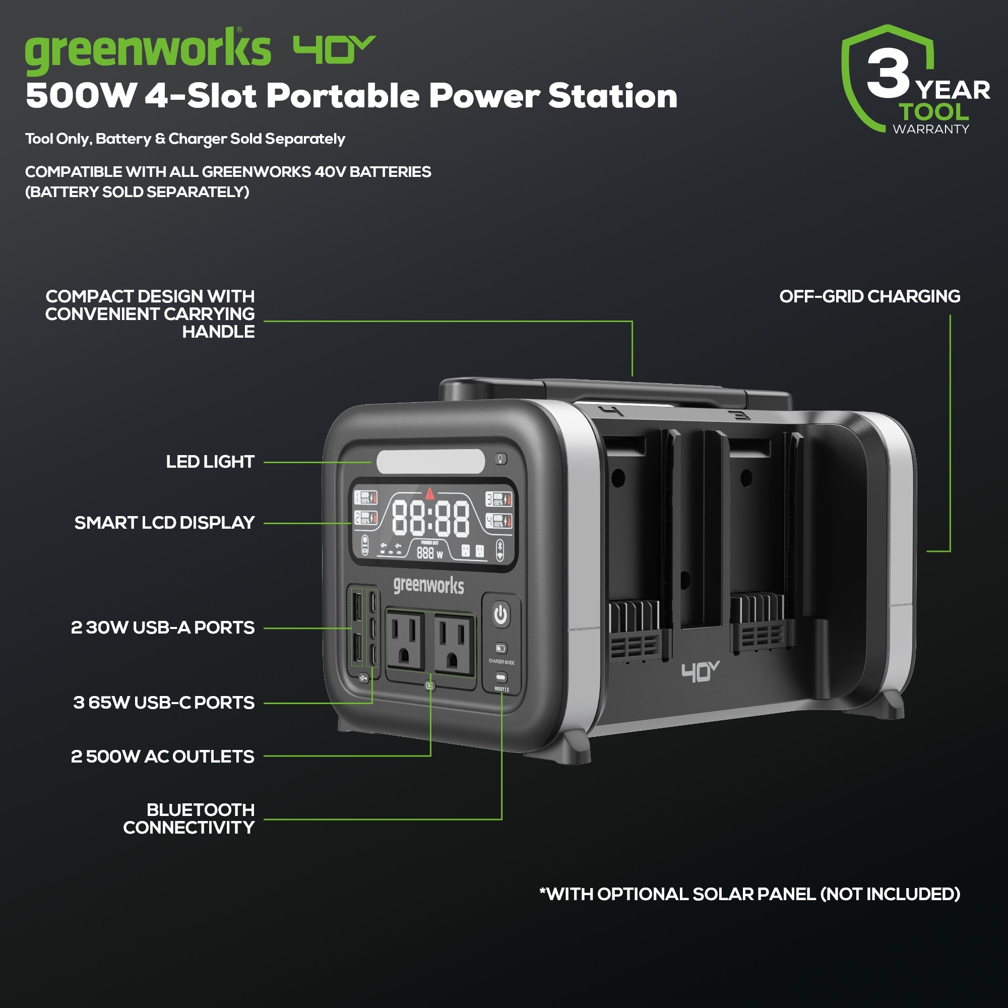 40V 500W 4-Slot Inverter Portable Power Station (Tool Only)