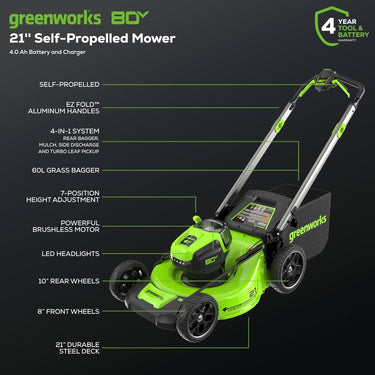 80V 21" Cordless Battery 4-in-1 Self-Propelled Lawn Mower w/ 4.0Ah Battery & Charger