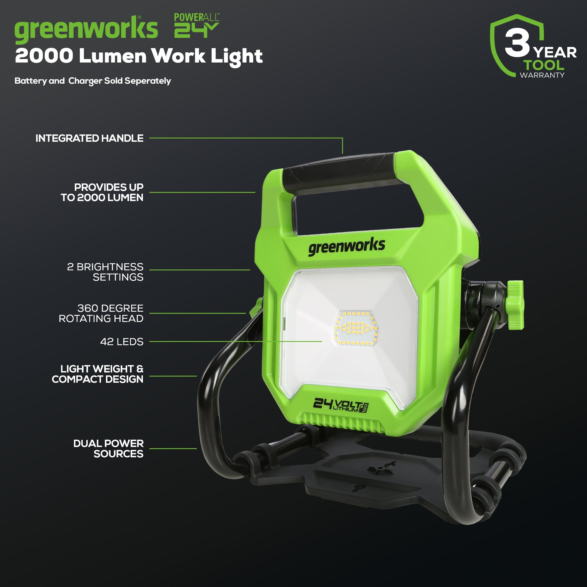 24V AC/DC 2000 Lumen LED Work Light (Tool Only)