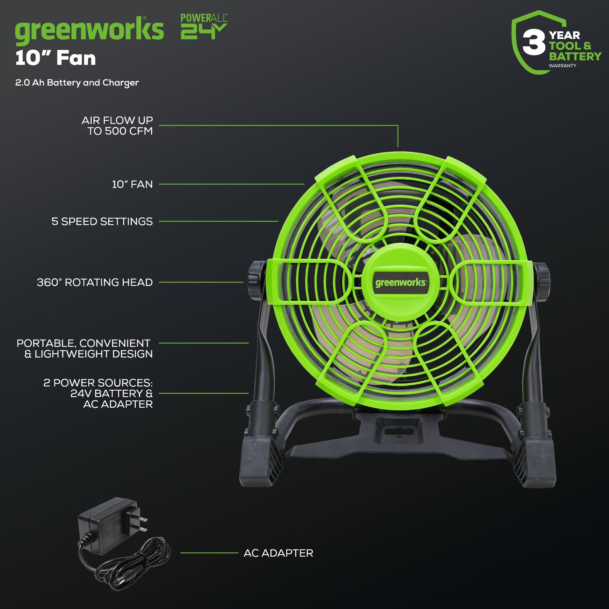 24V Cordless Fan w/ 2.0Ah USB Battery, 0.5A Charger & AC Adapter