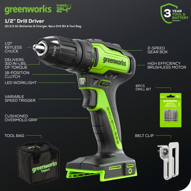 24V Brushless 1/2" 310 in/lbs Drill / Driver w/ (2) 1.5 Ah USB Batteries