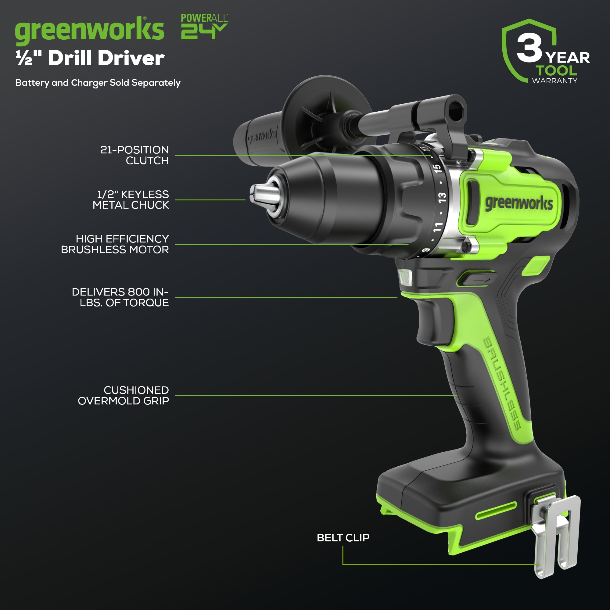 24V Cordless Battery 1/2" 800 in/lbs Drill Driver (Tool Only)