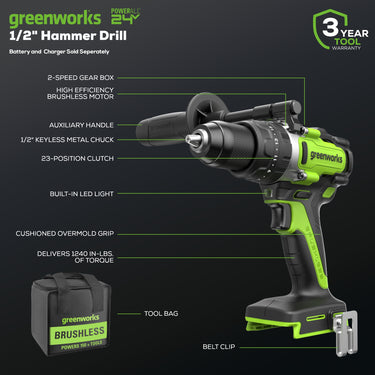 24V 1/2" 1240 in/lbs Hammer Drill (Tool Only)