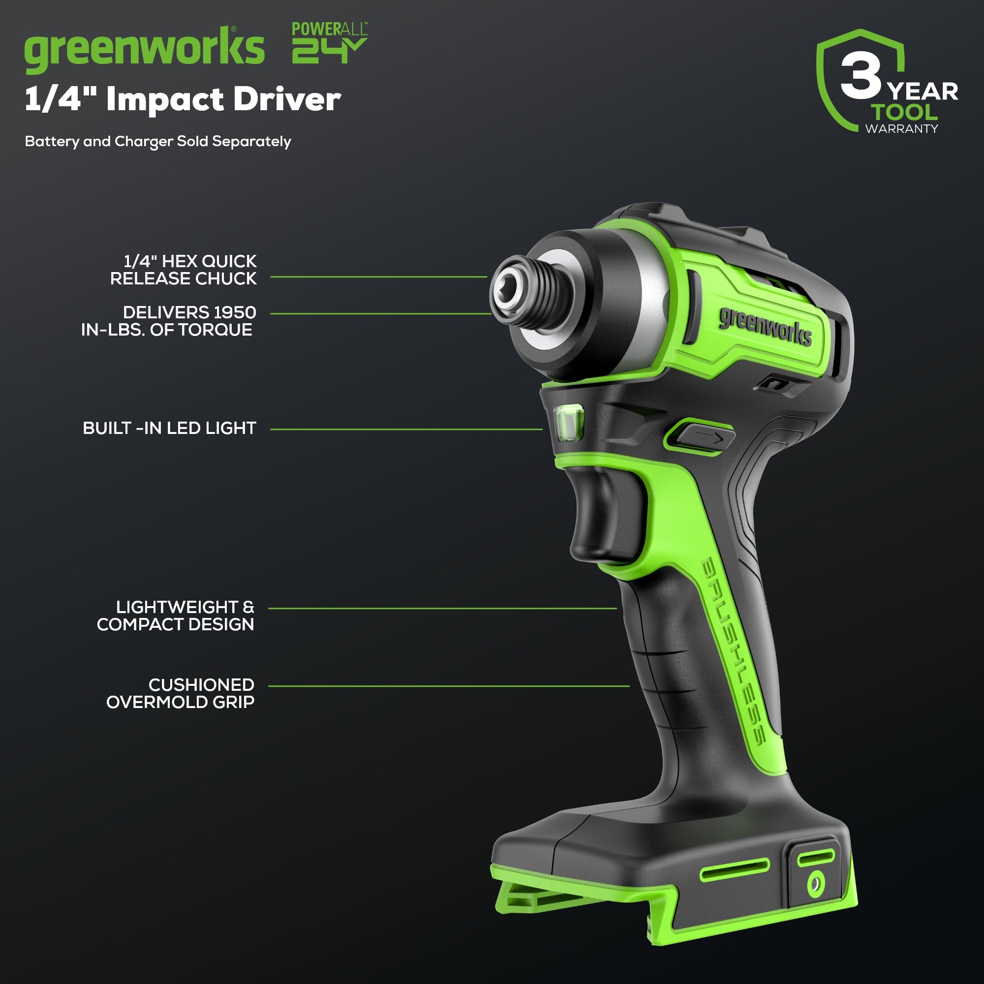 24V 1/4" 1950 in/lbs Brushless Impact Driver (Tool Only)