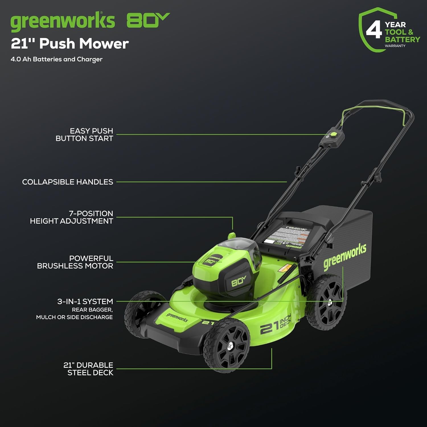 80V 21" Brushless 3-in-1 Push Lawn Mower w/ 4.0Ah Battery & Charger