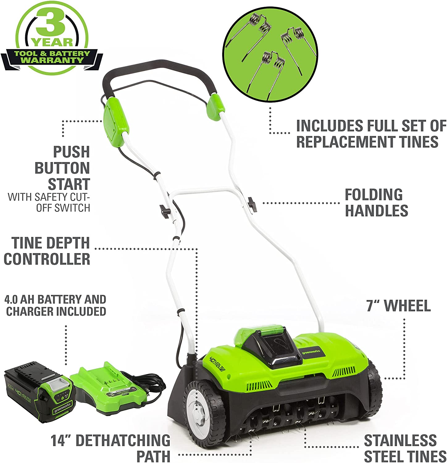 40V 14" Cordless Dethatcher w/ 4.0Ah Battery & Charger