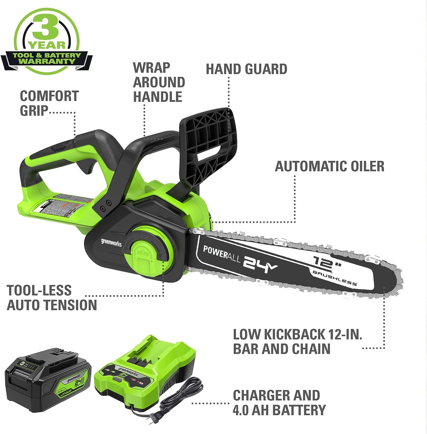 24V 12" Cordless Battery Chainsaw & 6" Pruner Saw w/ (1) 4.0Ah USB Battery & Charger