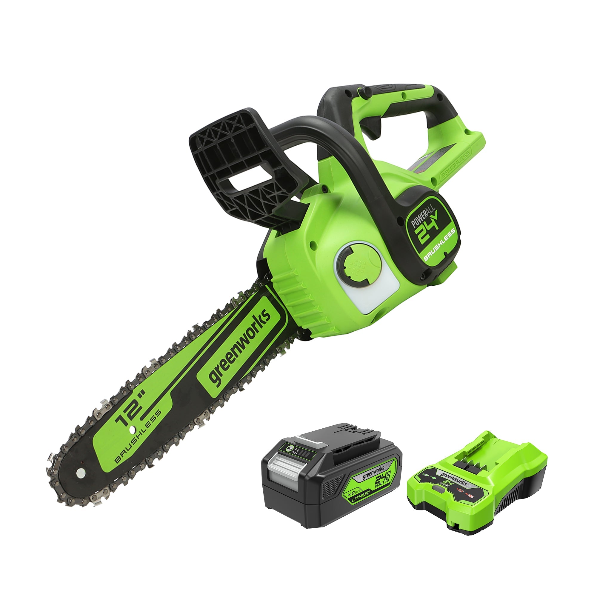 24V 12" Cordless Battery Chainsaw & 6" Pruner Saw w/ (1) 4.0Ah USB Battery & Charger