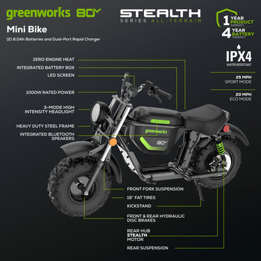 80V STEALTH Series Electric Mini-Bike w/ (2) 8.0Ah Batteries & Dual-Port Rapid Charger