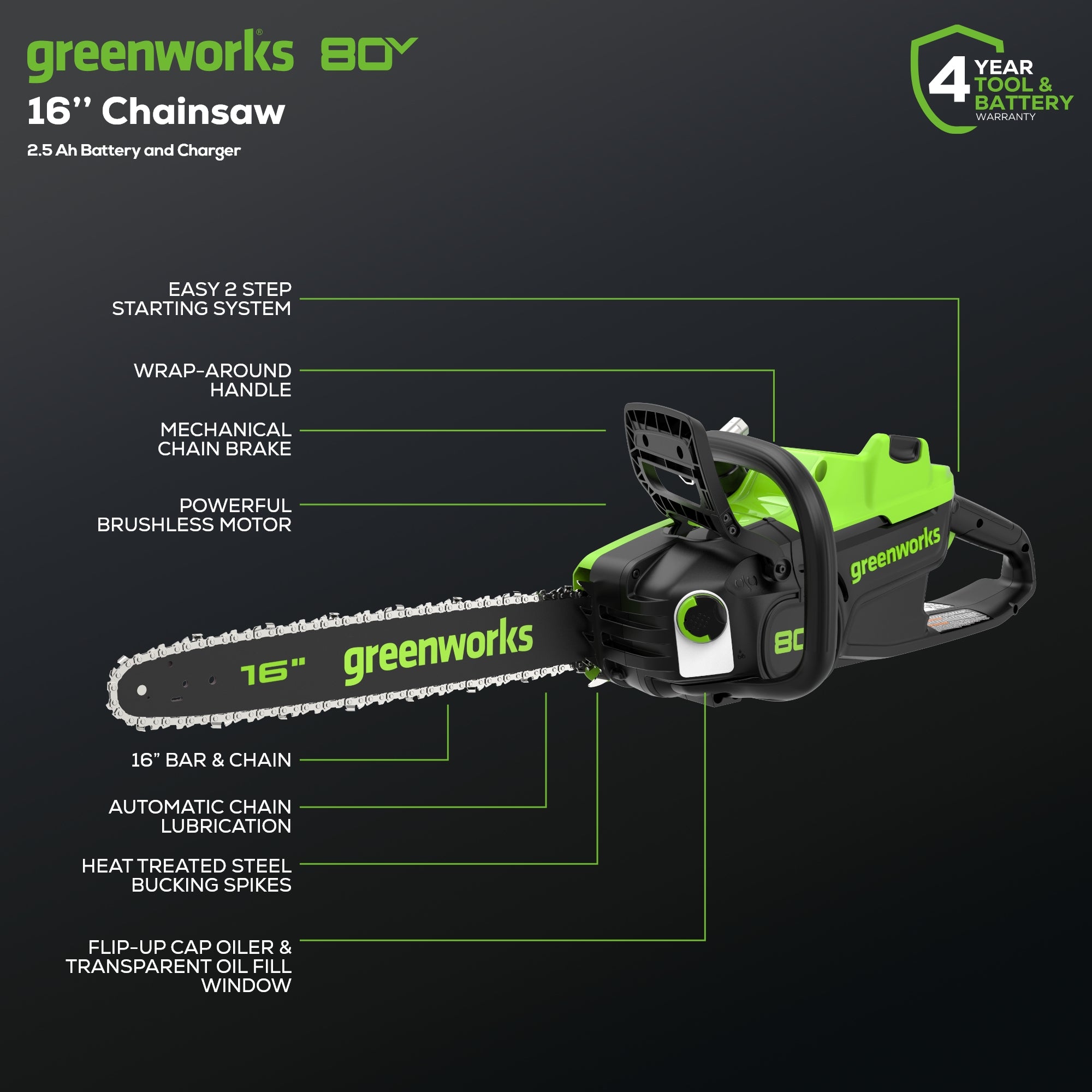 80V 16" 2.0kW Cordless Battery Chainsaw w/ (1) 2.5Ah Battery & 2A Charger