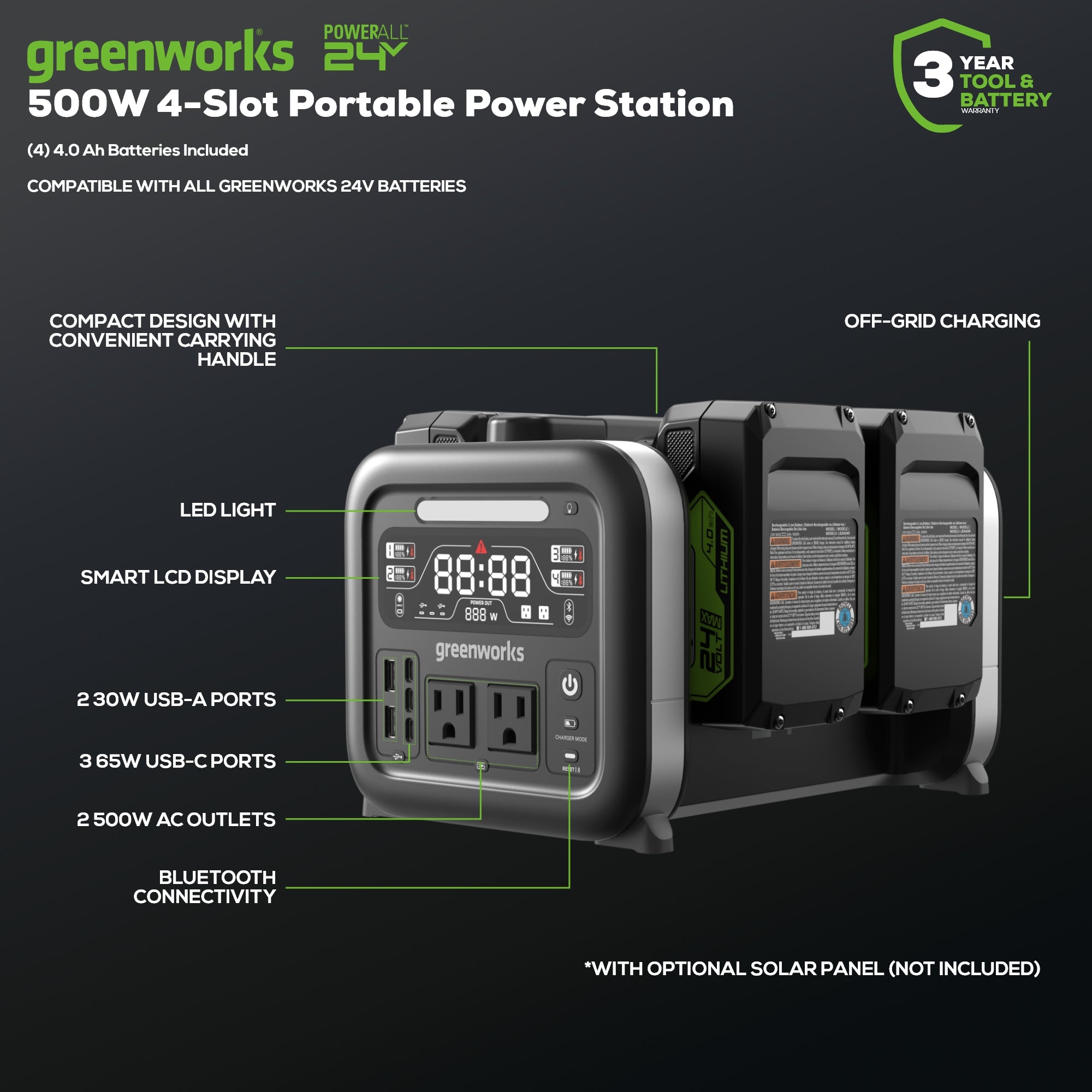 24V 500W Portable Power Station w/ (4)4.0Ah Battery & Charger