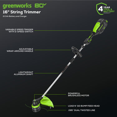 80V 16" Cordless Brushless String Trimmer w/ 2.0Ah Battery & 2Amp Charger