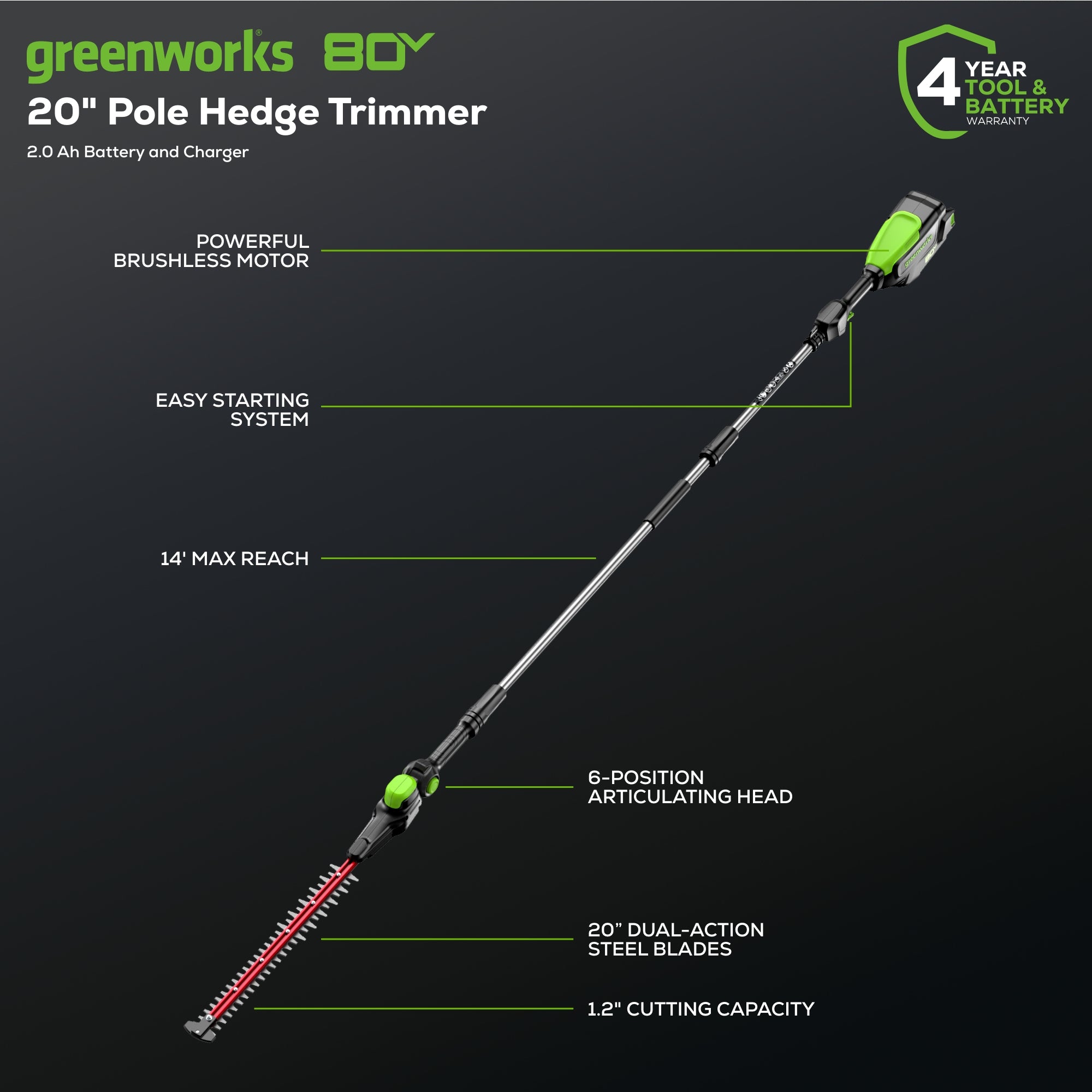 80V 20" Cordless Battery Pole Hedge Trimmer (1.2" cut, 4000 SPM) w/ 2.0Ah Battery & Charger