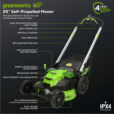 60V 25" Cordless Battery Dual Blade Self-Propelled Lawn Mower w/ Two (2) 4.0Ah Batteries & Dual-Port Charger