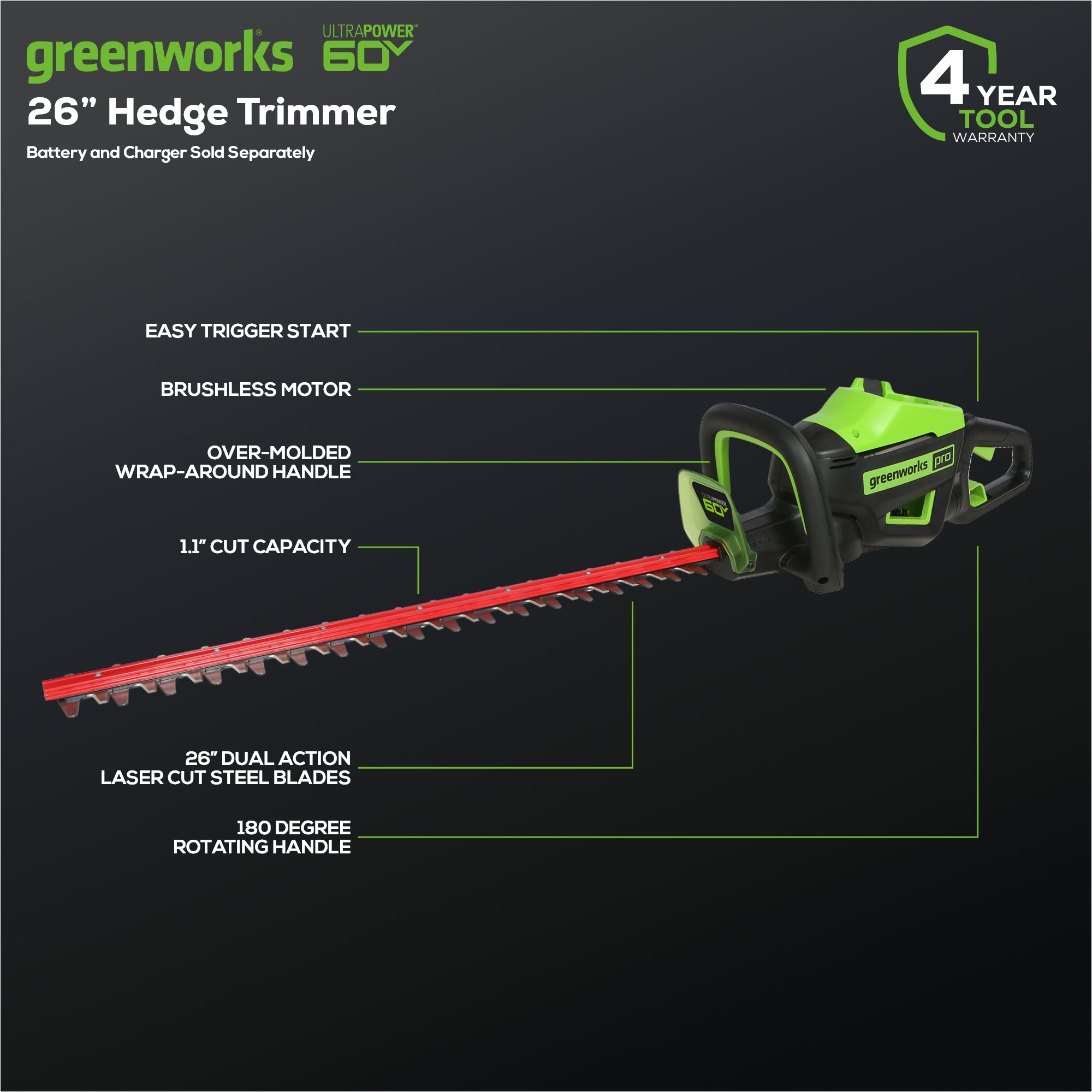 60V 26" Cordless Battery Hedge Trimmer 3200 SPM (Tool Only)