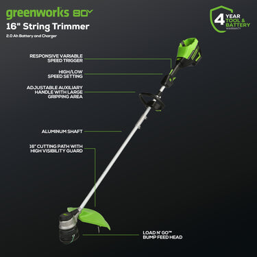 80V 16" Cordless Battery Brushless String Trimmer w/ 2.0Ah Battery & Charger (Renewed)