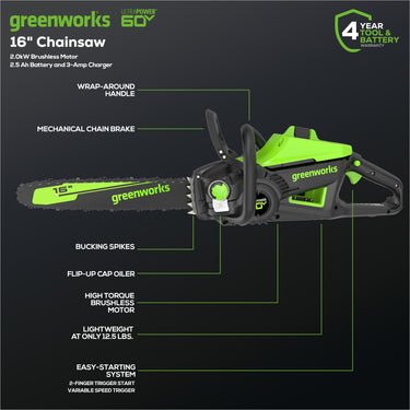 60V 16" Cordless Battery Chainsaw w/ 2.5Ah Battery & Charger