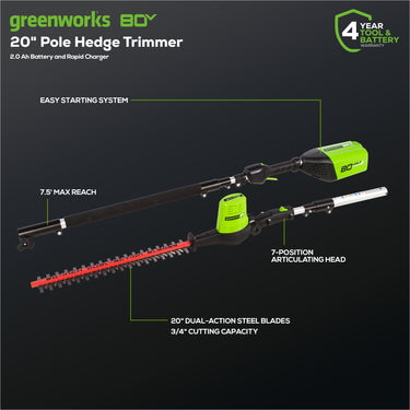 80V 20" Cordless Battery Pole Hedge Trimmer (3/4" cut, 3000 SPM) w/ 2.0Ah Battery & Charger