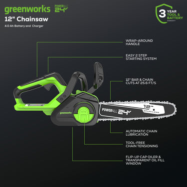 24V 12" Cordless Battery Chainsaw w/ 4.0Ah USB Battery & Charger