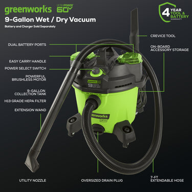 60V 9-Gallon AC/DC Wet / Dry Vacuum (Tool Only)