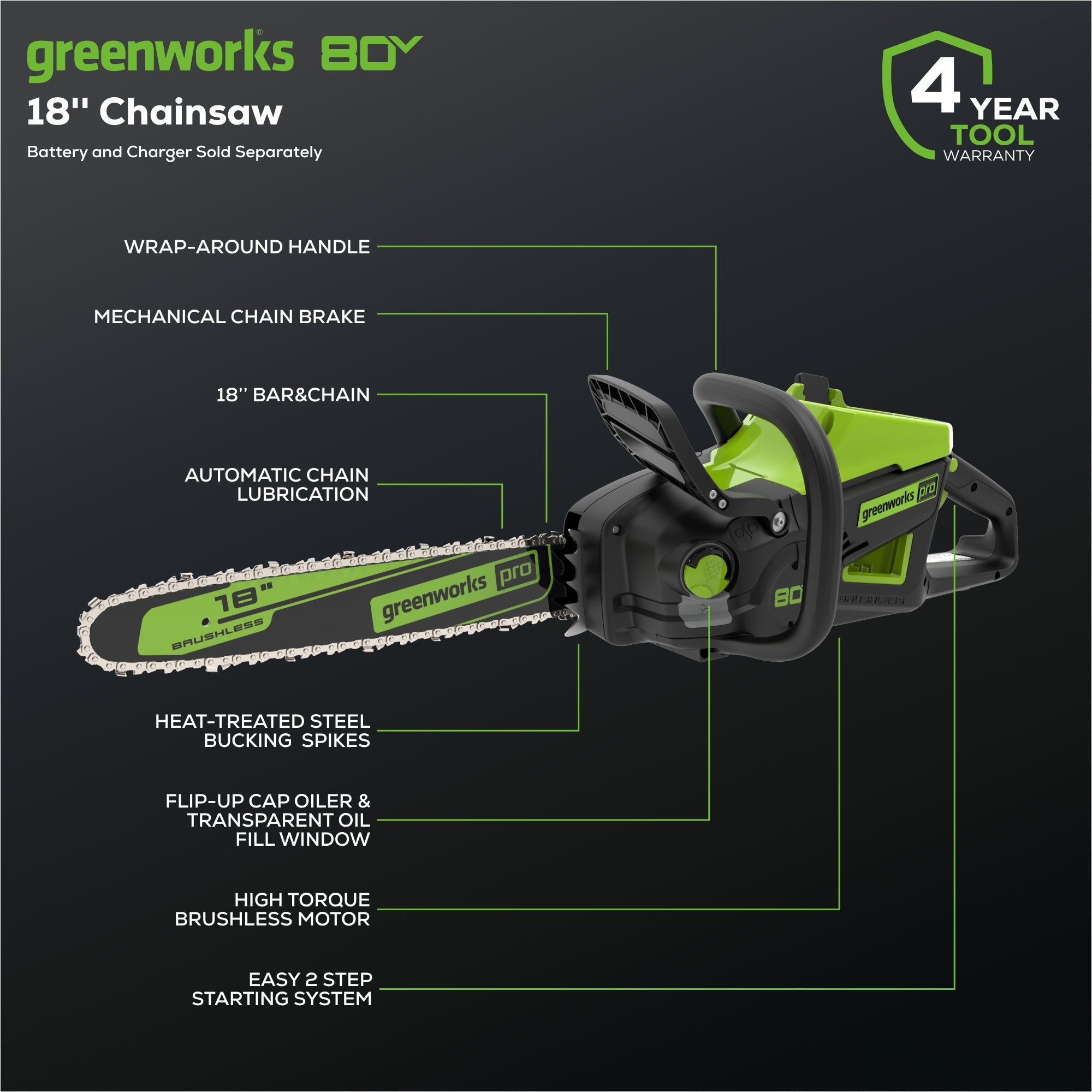 80V 18" Cordless Battery 2.5kW Chainsaw (Tool-Only)