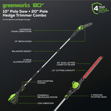 80V 20" Cordless Battery Pole Hedge & 10" Pole Saw Combo Kit w/ 2.0 Ah Battery & Rapid Charger