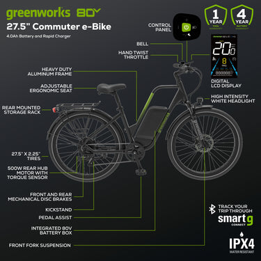 80V VENTURE Series 27.5” Electric Commuter Bike w/ 4Ah Battery and Charger