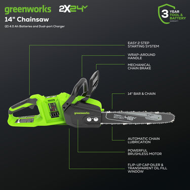 48V (2x24V) 14" Cordless Battery Chainsaw w/ Two (2) 4.0 Ah USB Batteries & Dual Port Charger