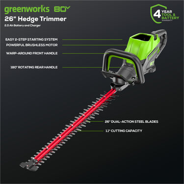 80V 26" Cordless Battery Hedge Trimmer (1.1" cut, 4000 SPM) w/ 2.0Ah Battery & Charger