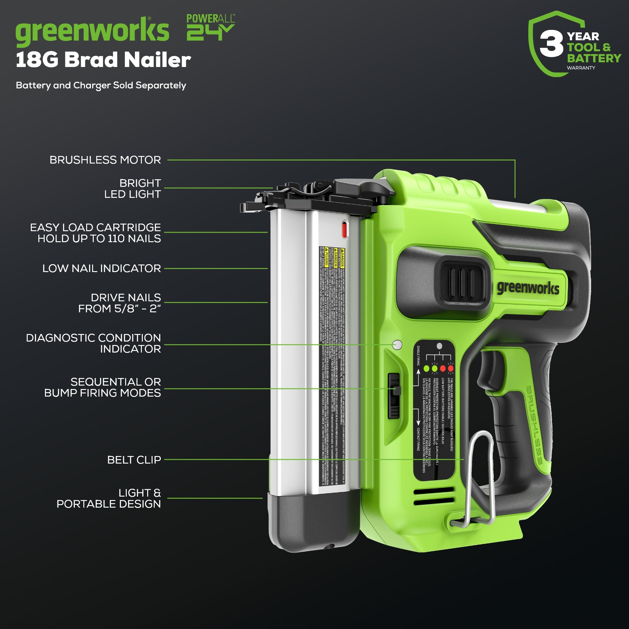 24V 18GA Brad Nailer (Tool Only)