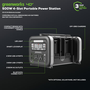 40V 500W 4-Slot Inverter Portable Power Station w/ (4) 4.0Ah Batteries & Built-In Charger