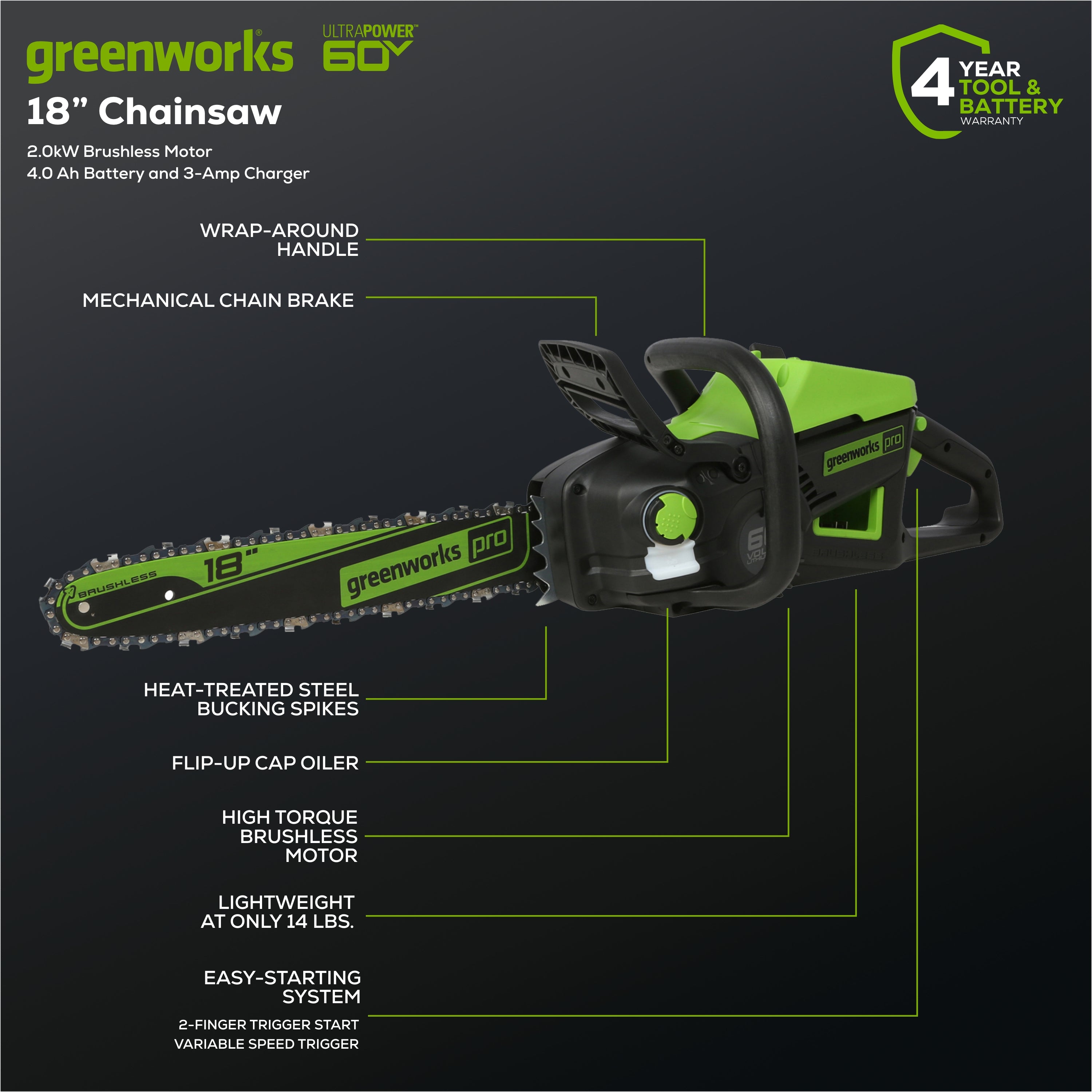 60V 18" Cordless Battery 2.0kW Chainsaw w/ 4.0 Ah Battery & Charger