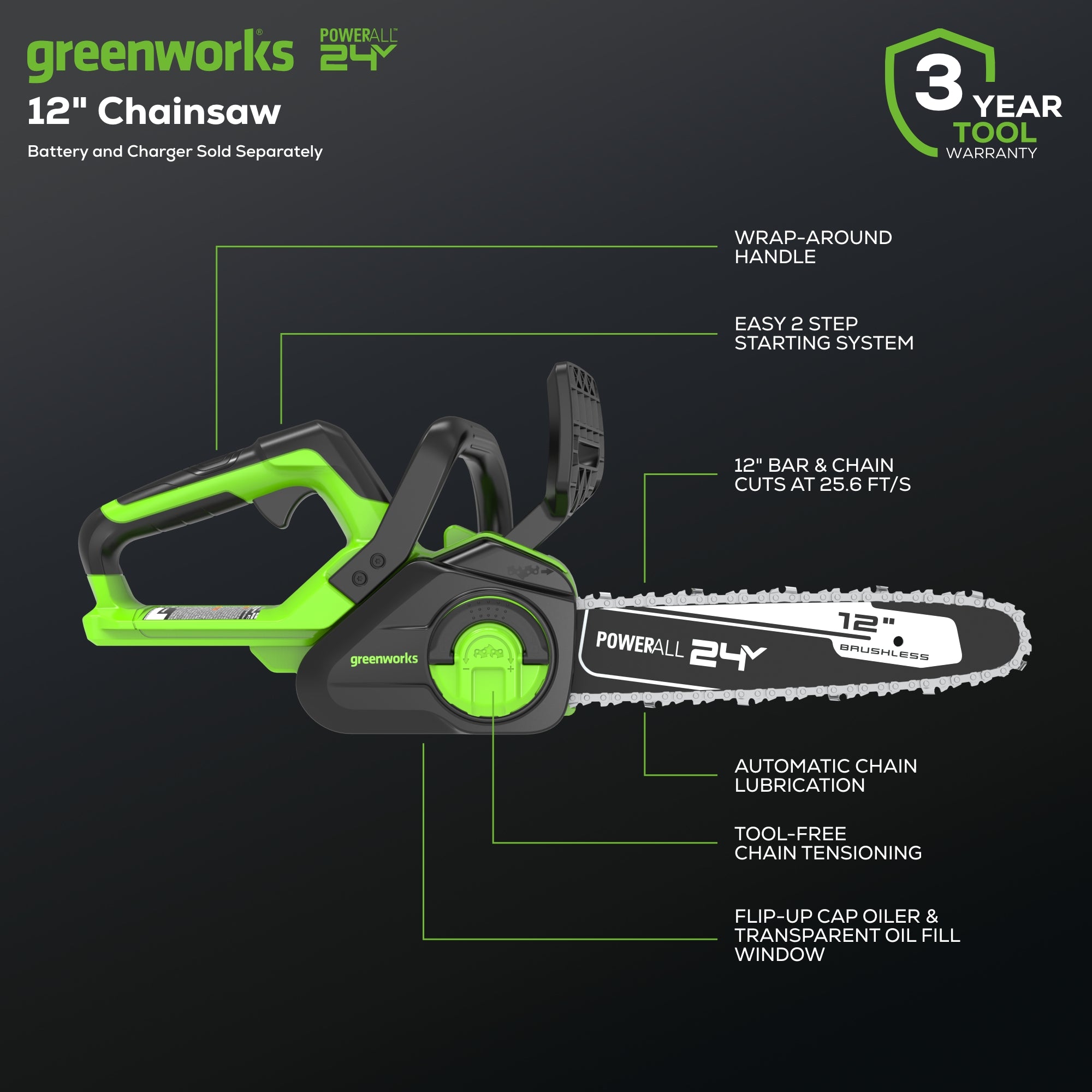 24V 12" Cordless Battery Chainsaw (Tool Only)