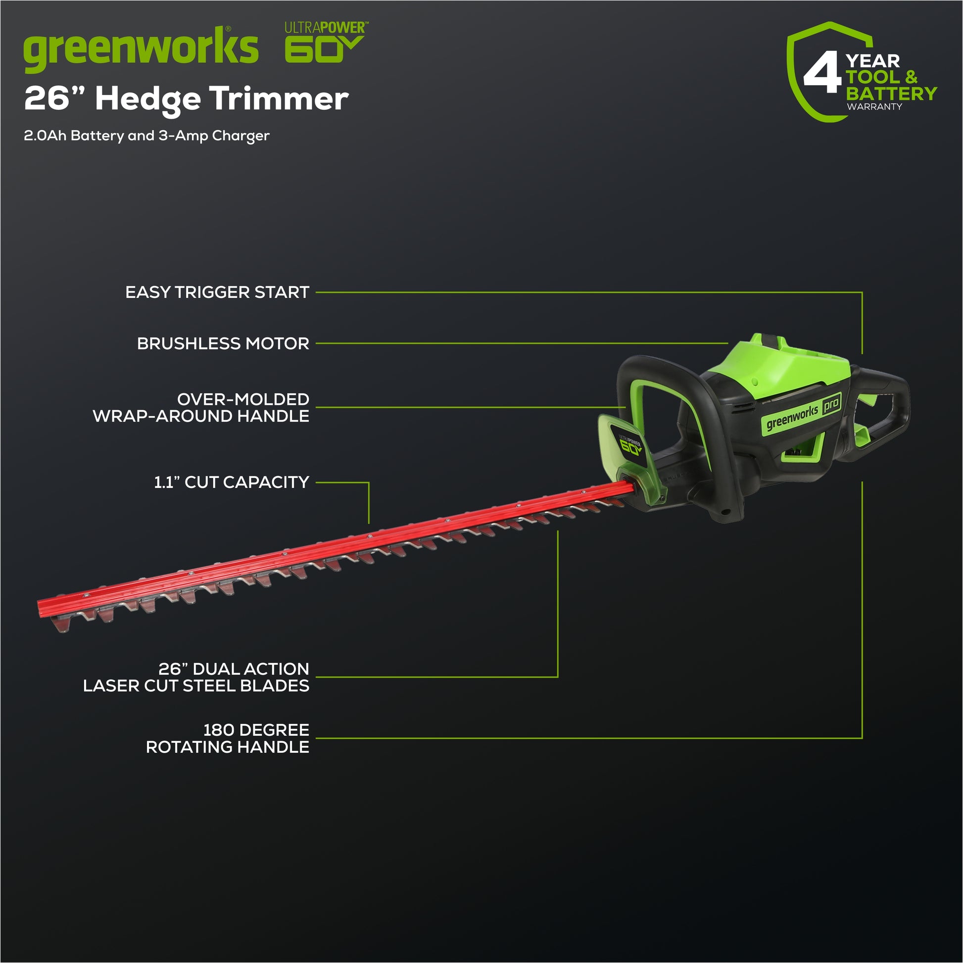 Brand NEW IN BOX Greenworks PRO 26 in. 60V Battery Cordless Hedge