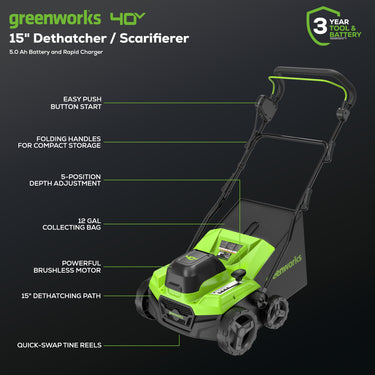 40V 15" Cordless Battery Brushless Dethatcher/Scarifier w/ 5.0Ah USB Battery and Rapid Charger