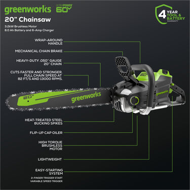 60V 20" Cordless Battery Chainsaw w/ 8.0Ah Battery & Rapid Charger